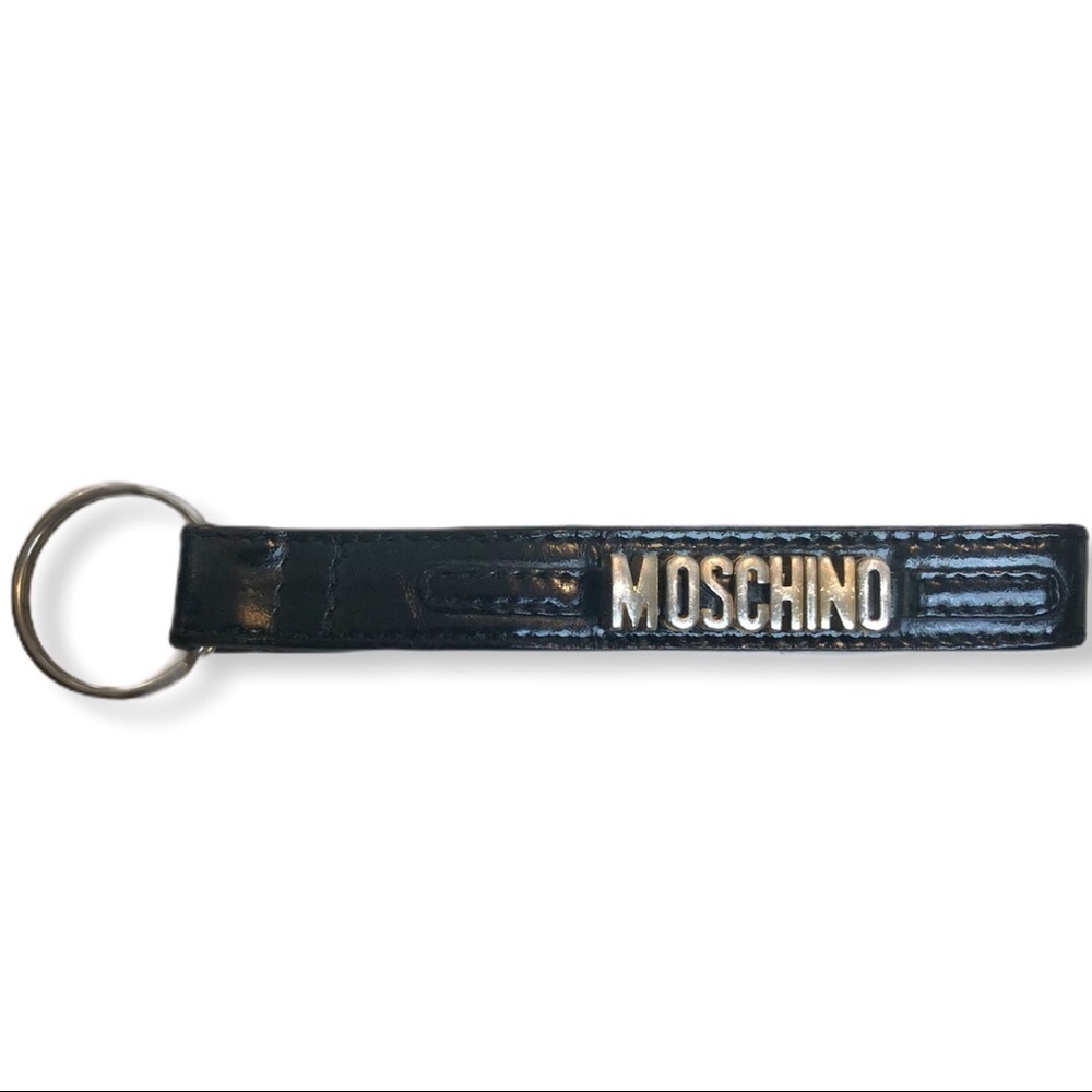 MOSCHINO Gold letter Logo Black Leather Ke…